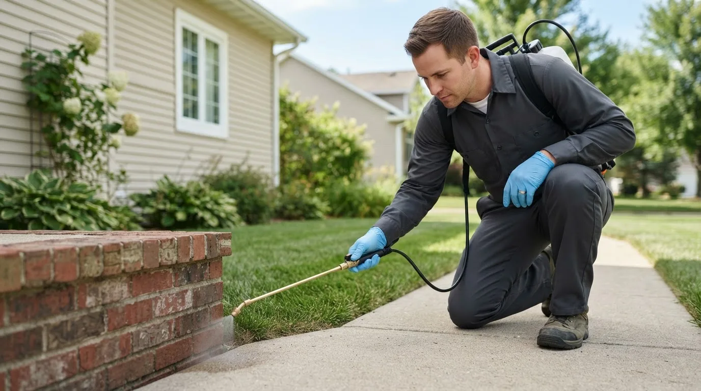 Pest control technician treating a home near West Brooklyn, IL